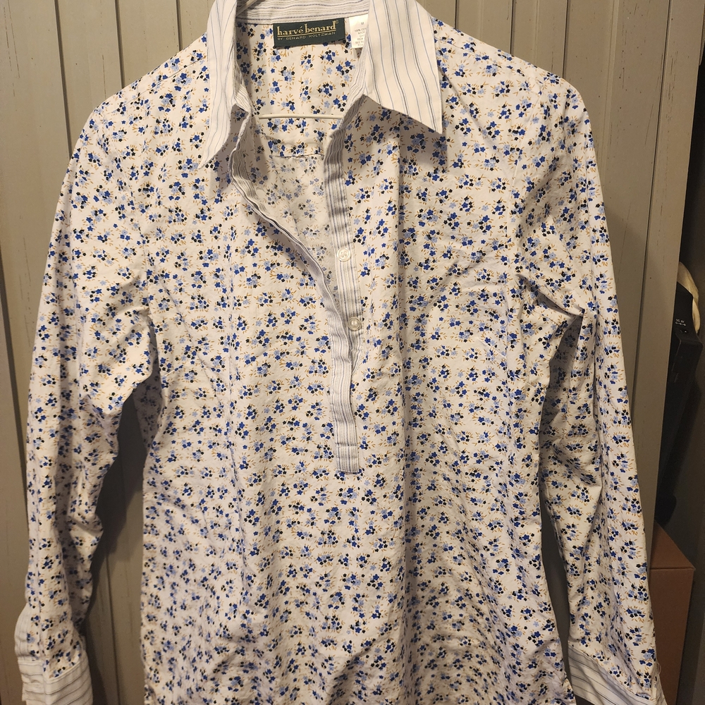 Harve Benard White Shirt with Blue Floral Print and Striped Collar